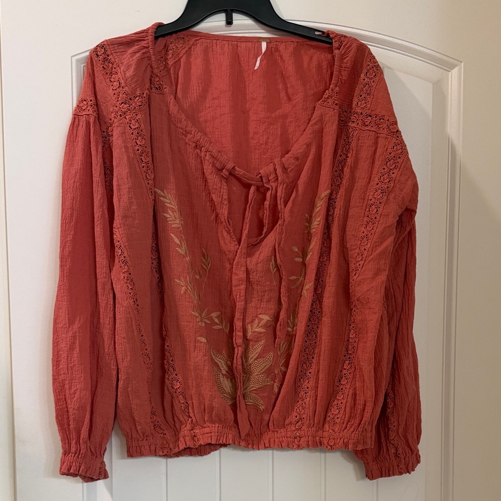 Free People Terracotta Embroidered Blouse